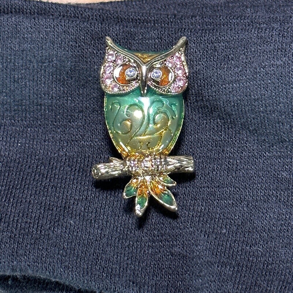 Vintage Liz Claiborne Owl Brooch Pin Enamel Rhinestone Crystal Signed